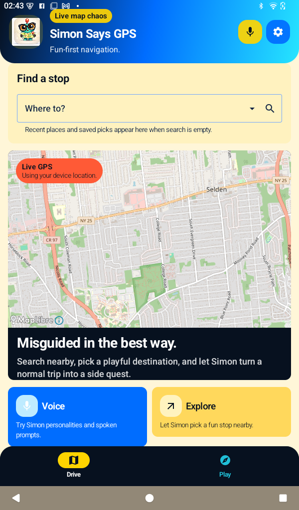 Simon Says GPS home screen with drive and explore cards