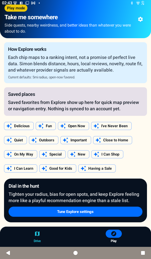 Explore mode showing tags like delicious, fun, and open now