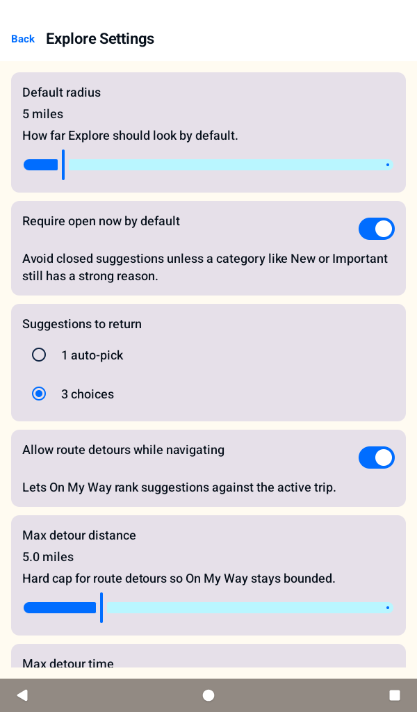Explore settings with radius and detour controls