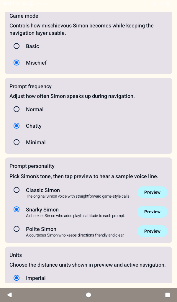 Voice and game settings showing personalities and prompt frequency