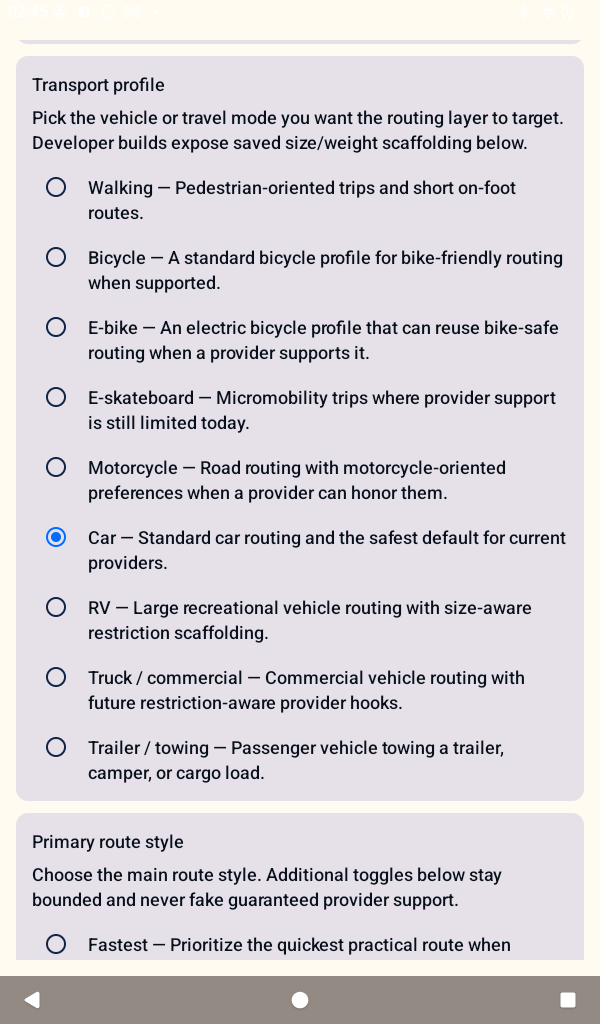 Transport profile settings for walking, bicycle, car, RV, and trailer routes