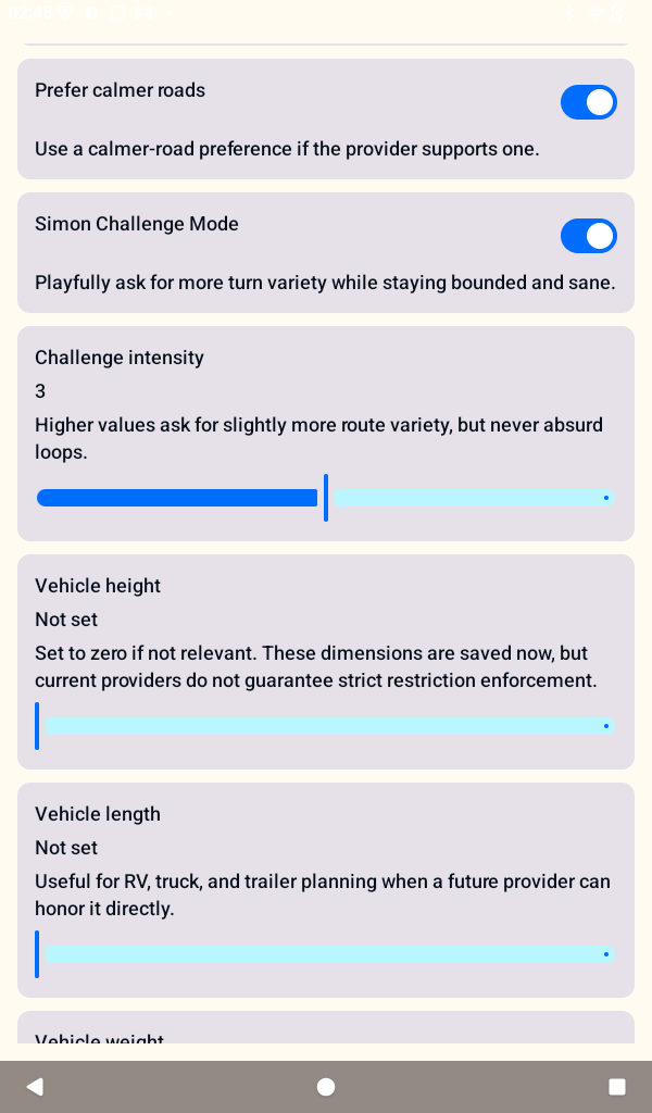 Simon Challenge Mode settings with calmer roads and challenge intensity